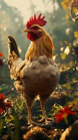 Golden Rooster Strikes a Proud Pose Amid Garden Blooms
