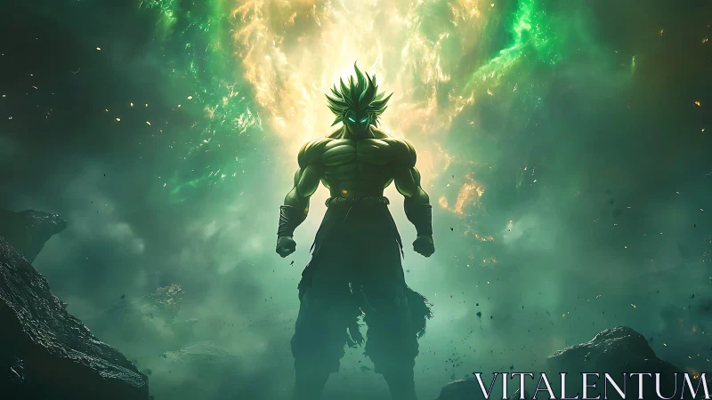 Emerald storm warrior standing bold in swirling cosmic power.