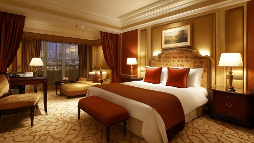 Elegant hotel suite glows with warm, luxurious lighting.