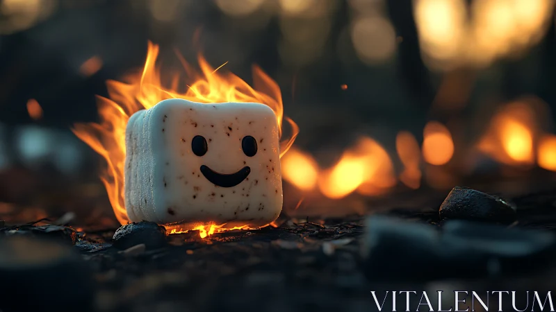 Happy Marshmallow by Campfire with Flames.