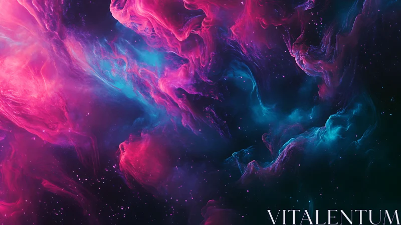 Vibrant cosmic nebula with swirling pink and cyan clouds.