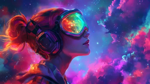 Stargazing dreamer in neon goggles drifts through cosmic color