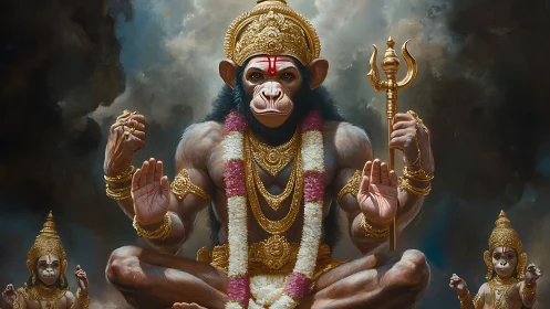 Divine monkey deity sits adorned in gold and floral garlands.