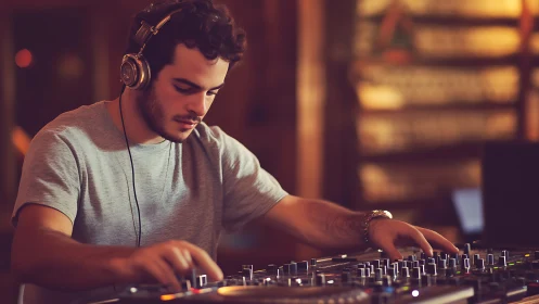 Warm-hued nightclub DJ sculpting sound on glowing decks.