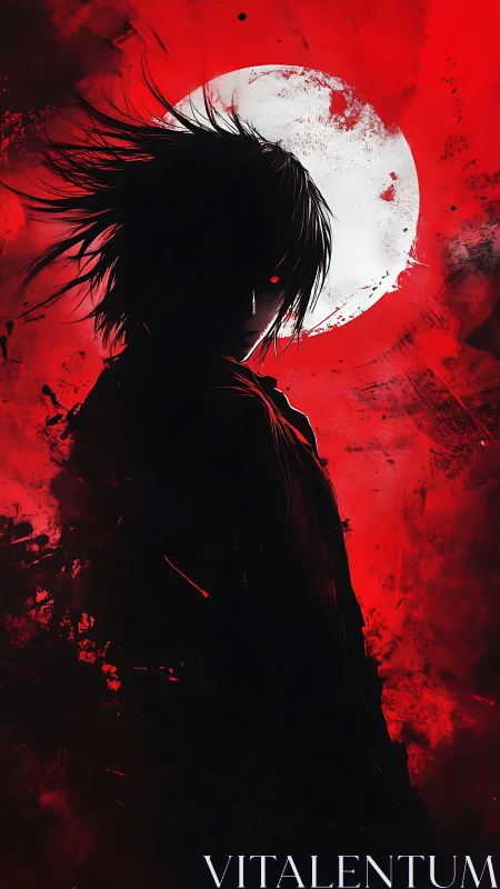Shadowed anime figure stands before a blood red moon.