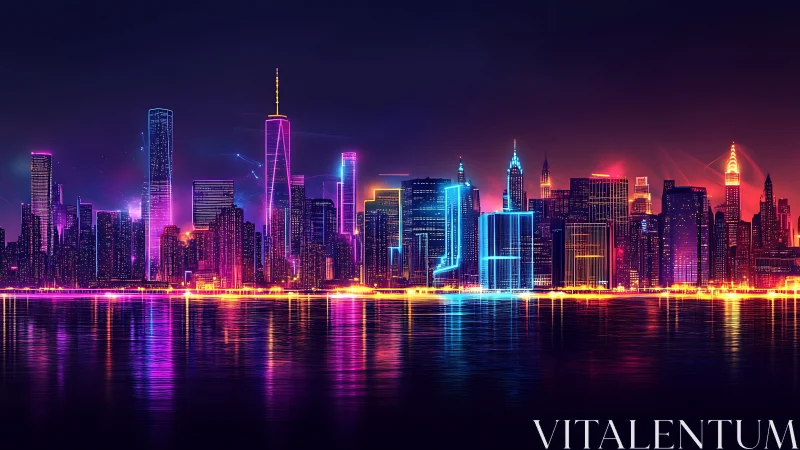 Neon cyberpunk city skyline glowing over night harbor.