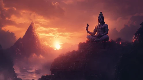 Serene mountain deity bathed in gentle sunset glow.