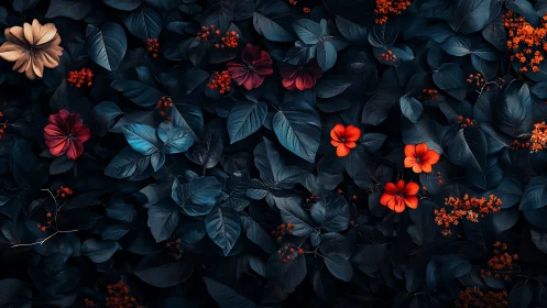 Dark foliage background shows scattered red and orange flowers
