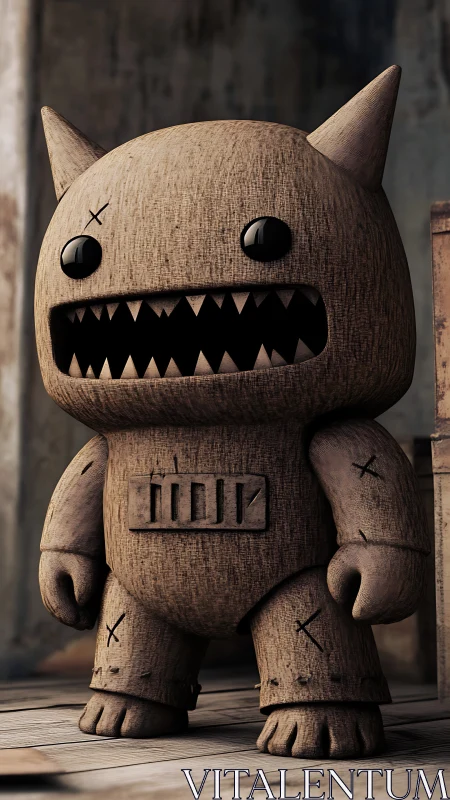 Procedurally textured wooden monster toy with stylized carved teeth