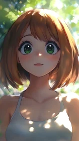Anime-style portrait shows girl under diffuse dappled sunlight