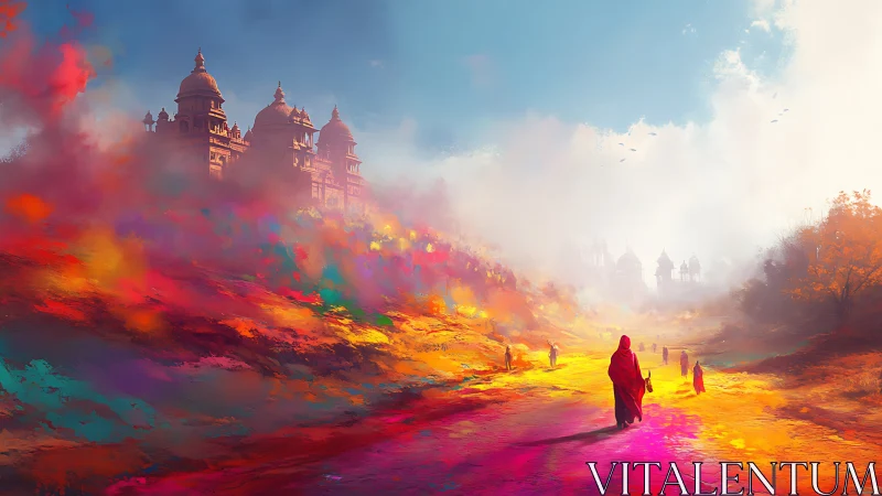 Color-saturated temple landscape with robed figures in haze.