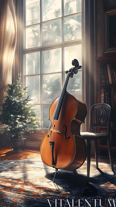 Cello in winter light within a tranquil library corner.