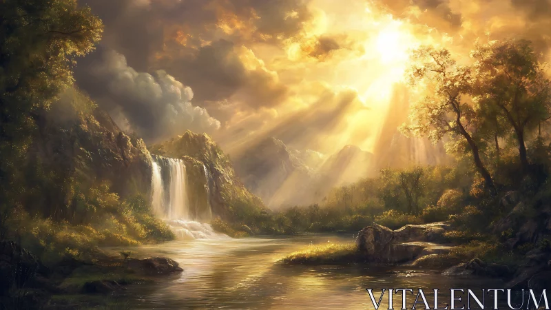 Golden hour cascade illuminates a mist-filled forest valley