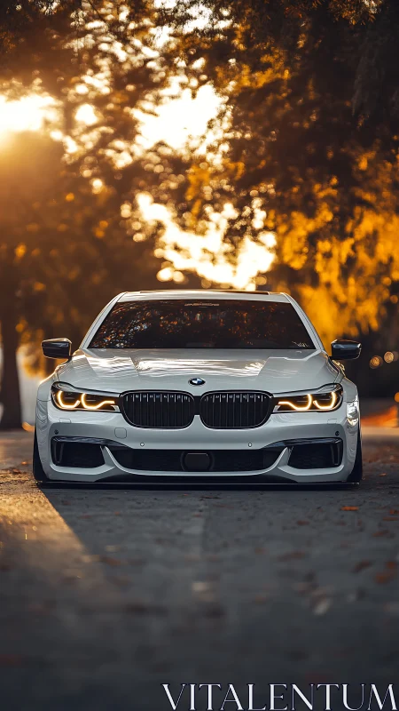 Low-slung white BMW sedan under golden-hour tree canopy