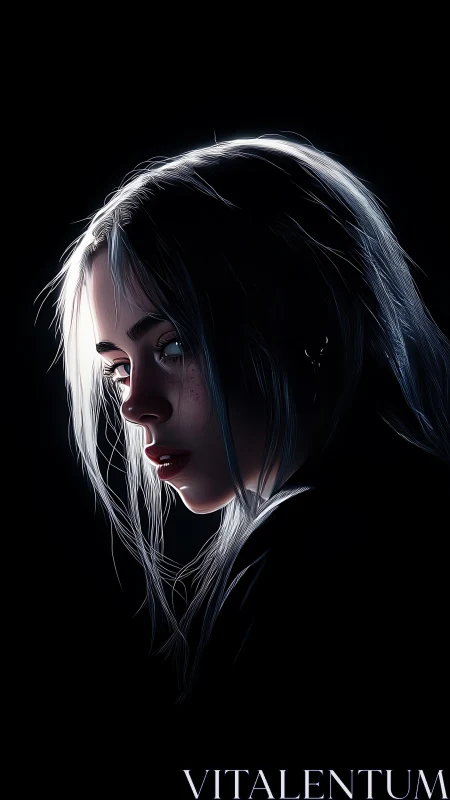 Side-lit portrait of a young woman in deep shadow profile.