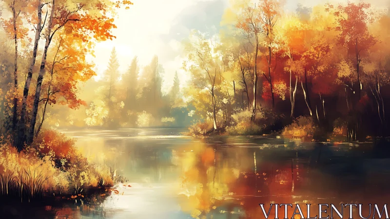 Golden autumn river glows with soft morning light.