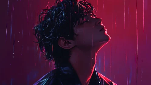 Chromatic rain portrait with neon edge lighting in profile.