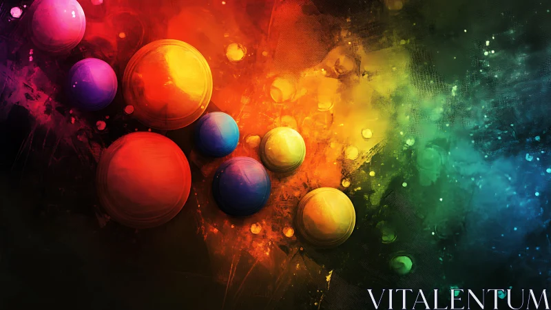 Vibrant rainbow spheres over abstract cosmic color field.
