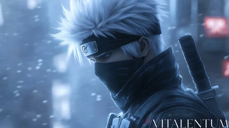 Snowlit masked ninja portrait with silver hair and katana sheath