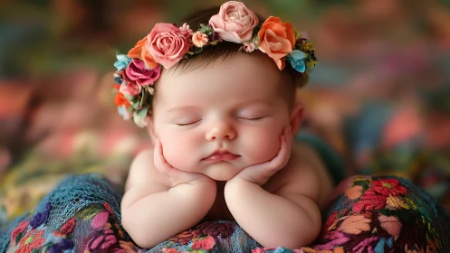 Sleeping newborn with colorful flower crown portrait.