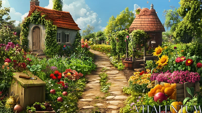 Stone path meanders through a storybook cottage garden bloom