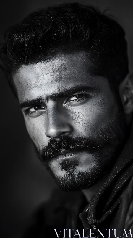 Monochrome close-up portrait of bearded man in profile.