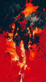 Bold masked antihero strides through swirling red flames