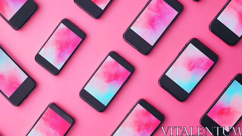 Smartphones form playful diagonal grid on vivid pink backdrop.