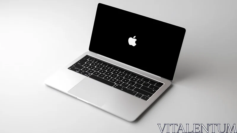 Open silver laptop with black screen on neutral surface.