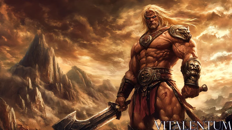 Battle-scarred barbarian warlord in stormlit volcanic canyon