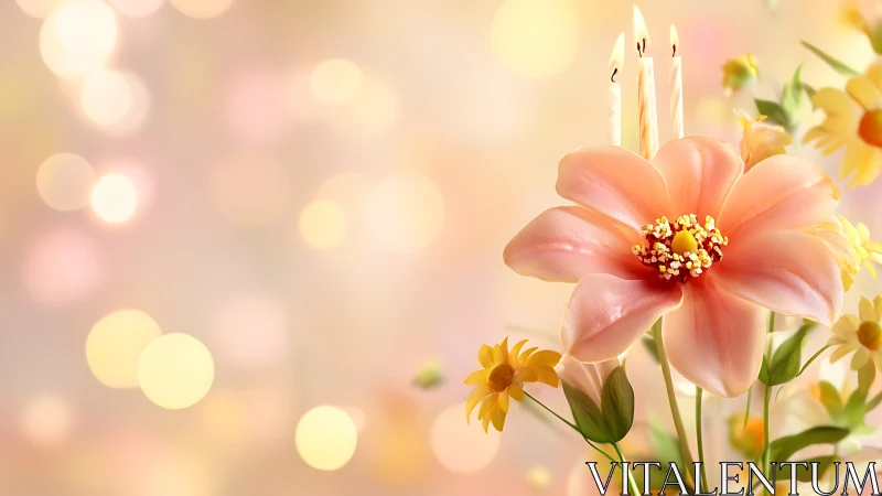 Pink flower with burning candles against soft bokeh background.