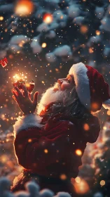 Snowlit Santa marveling at glowing Christmas ornaments.