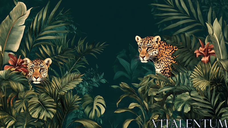 Dual Leopards Among Tropical Foliage with Deep Teal Background