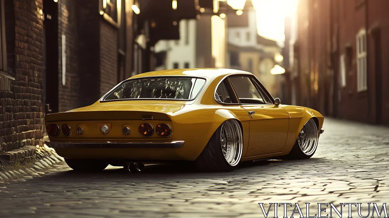Widebody vintage coupe on cobblestone street under warm backlight