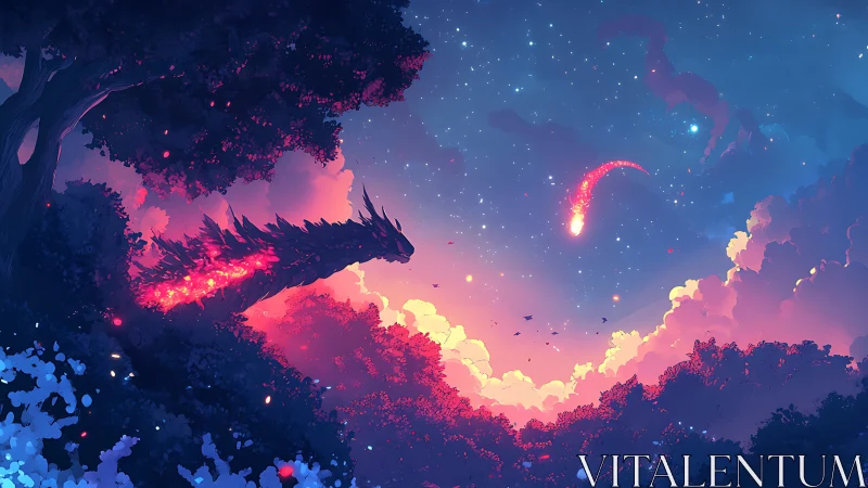 Starlit dragon watches a glowing comet cross the dusk sky