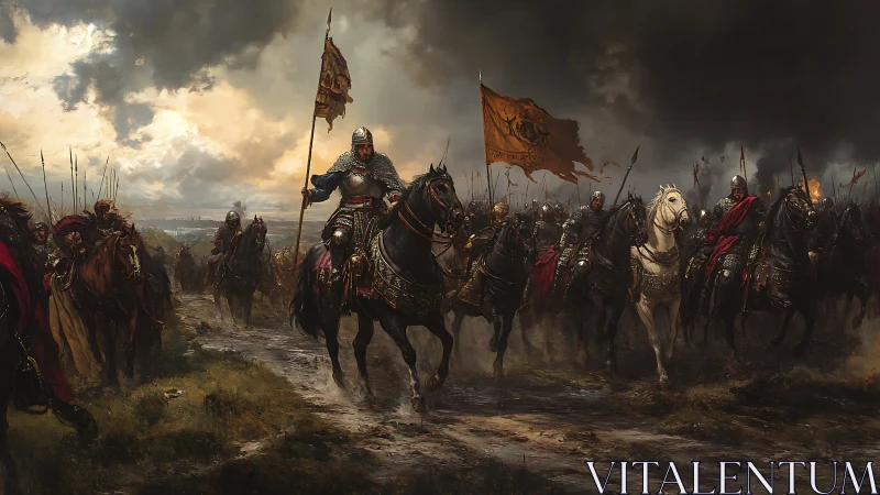 Stormbound cavalry charge beneath smoldering war banners.