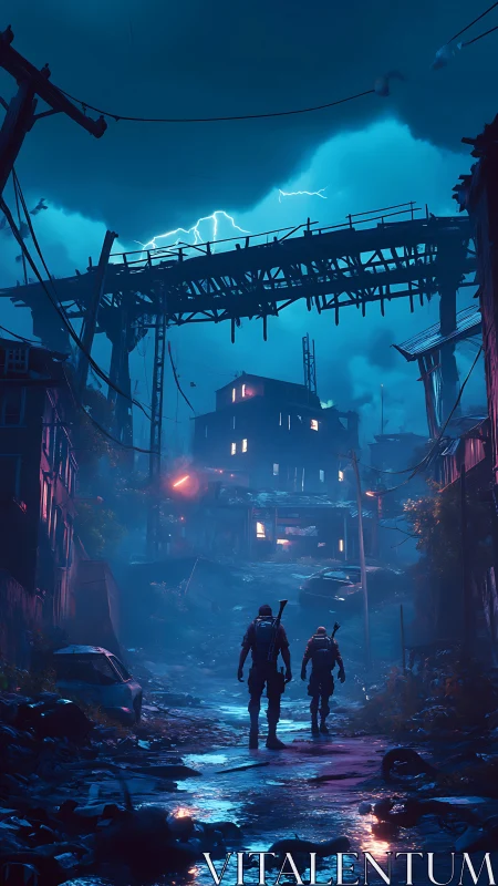 Stormlit explorers walk a ruined city street with quiet resolve