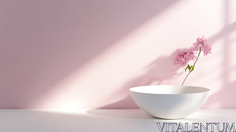 Minimalist ceramic bowl with orchid under diagonal daylight.