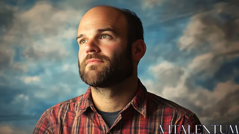 Bearded man in plaid shirt against soft cloudy backdrop.