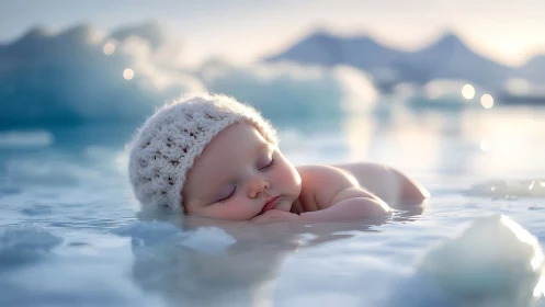 Sleeping baby drifts peacefully in dreamy arctic waters.