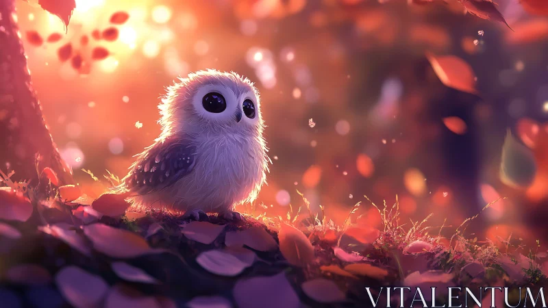 Adorable baby owl in enchanting autumn forest, fantasy style.