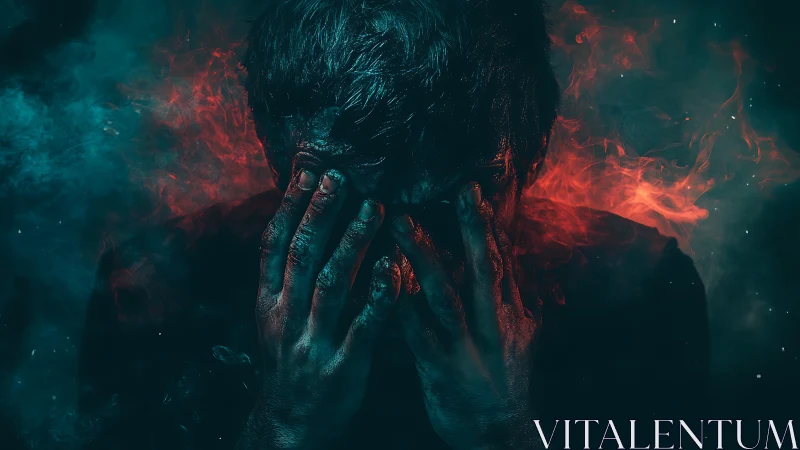 Shrouded figure holds head as fiery smoke engulfs silhouette