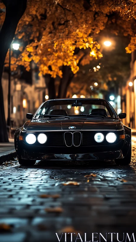 Midnight classic BMW prowls under autumn city lights.