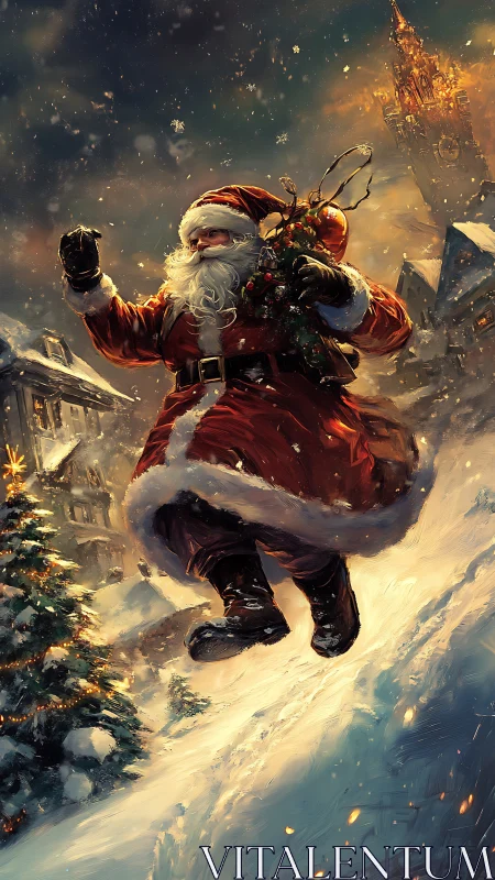 Santa races down snowy village hill with glowing gifts