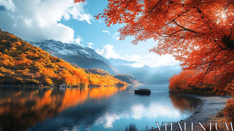 Peaceful mountain lake glowing with golden autumn trees.