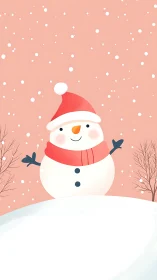 Cute snowman in red hat on snowy hill background.