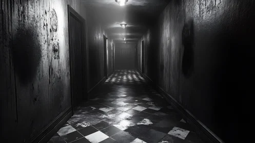 Deserted monochrome corridor recedes into harsh central light