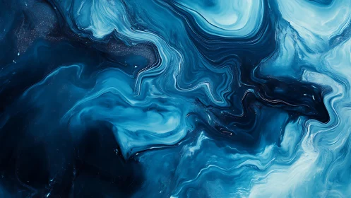 Deep blue fluid abstract with swirling marbled patterns.