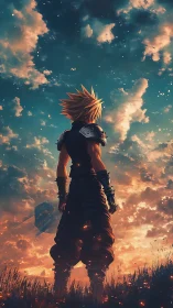 Spiky haired figure in armor under expansive evening sky.