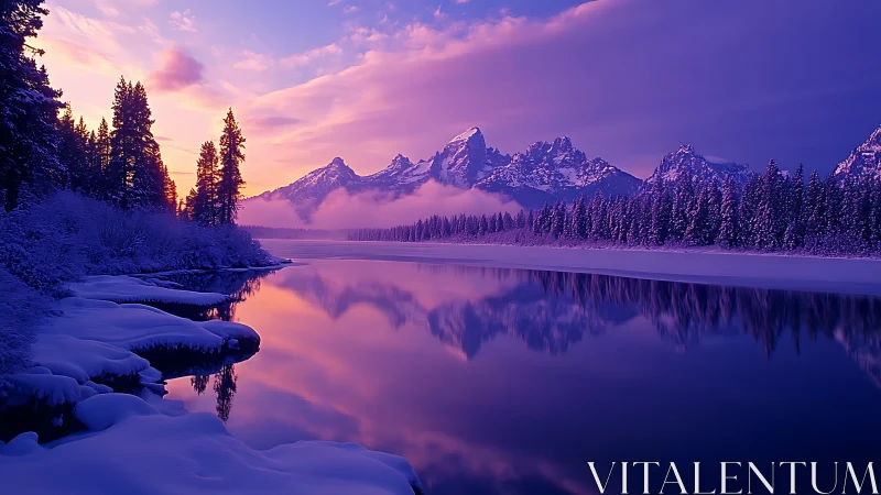Winter mountains glow gently above a calm mirrored lake